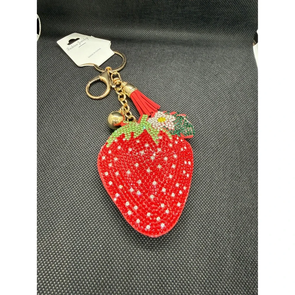 Puffy Red Rhinestone Strawberry Keychain Tassel Bell Bag Charm Gold Tone